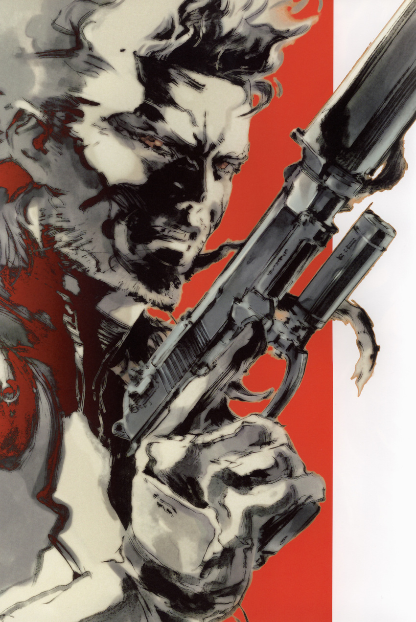 absurdres artbook gun highres male_focus metal_gear_(series) metal_gear_solid metal_gear_solid_2 official_art red_background shinkawa_youji solid_snake solo weapon