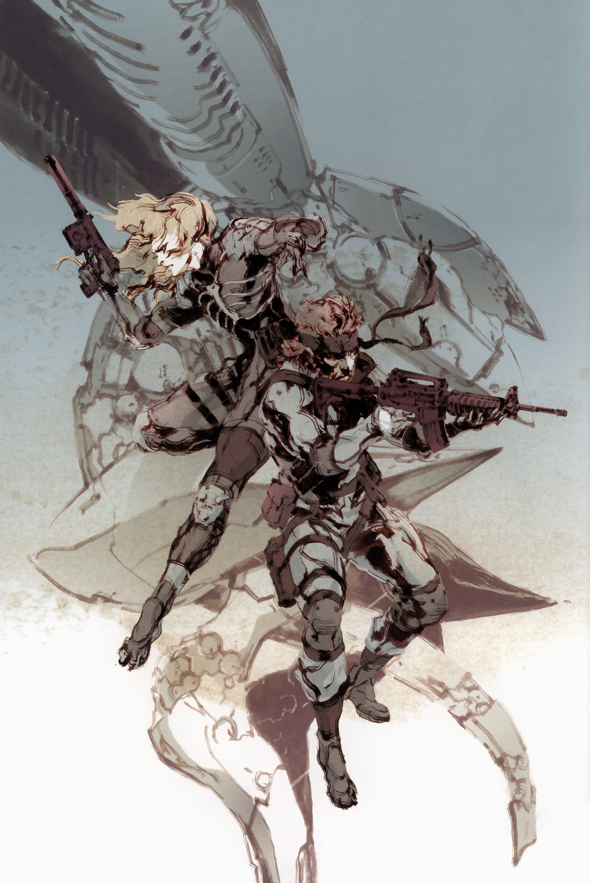 absurdres artbook assault_rifle brown_hair gun highres m4_carbine male_focus metal_gear_(series) metal_gear_solid metal_gear_solid_2 mk_23_pistol multiple_boys raiden rifle shinkawa_youji sneaking_suit solid_snake weapon white_hair