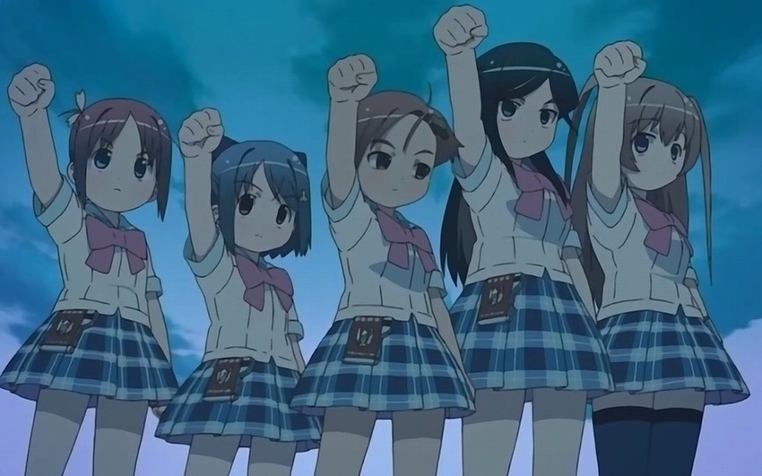 1280x800 amamiya_manami etoh_mei etou_mei fist gakuen_utopia_manabi_straight gakuen_utopia_manabi_straight! inamori_mika odori_momoha school_uniform seifuku uehara_mutsuki