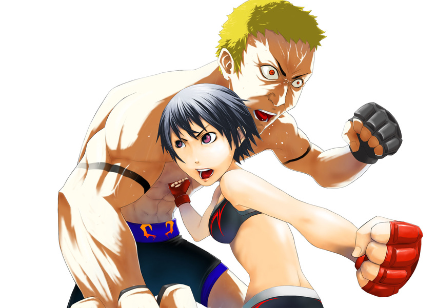 1girl bad_id bad_pixiv_id black_hair blonde_hair boxing fingerless_gloves gloves highres orange_hair original punching purple_eyes short_hair shorts sports_bra yoshihiro