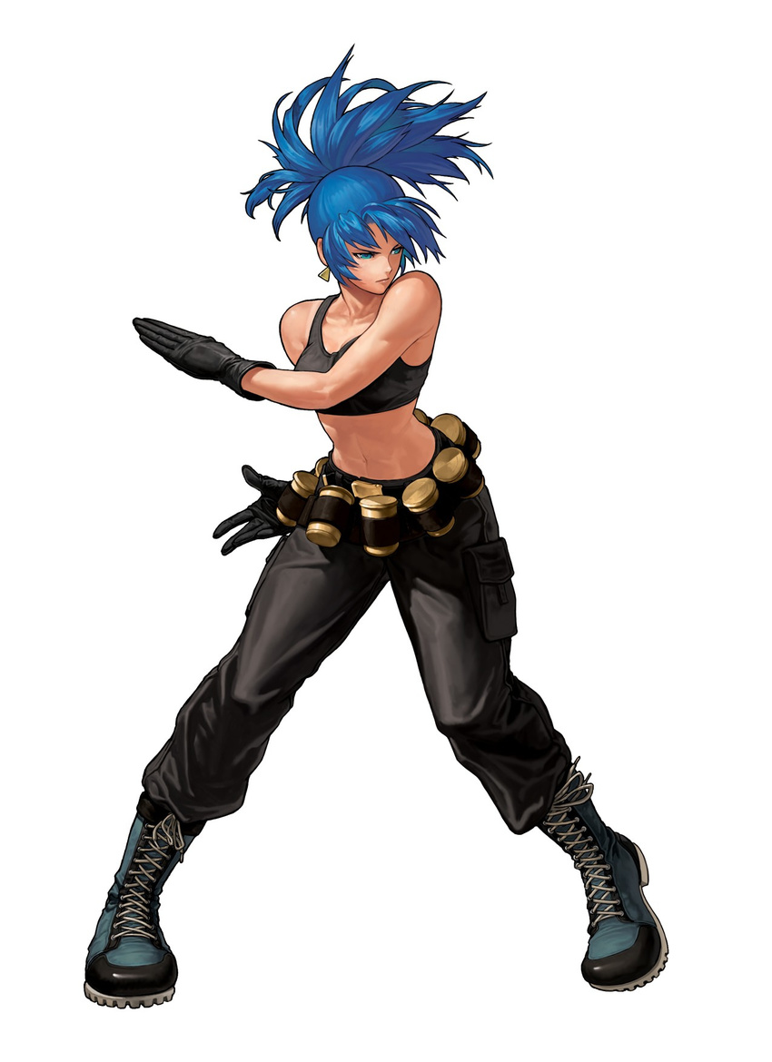 bandolier blue_eyes blue_hair boots crop_top earrings explosive fighting_stance gloves grenade highres jewelry leona_heidern long_hair midriff military navel official_art ogura_eisuke ponytail solo tank_top the_king_of_fighters the_king_of_fighters_xii