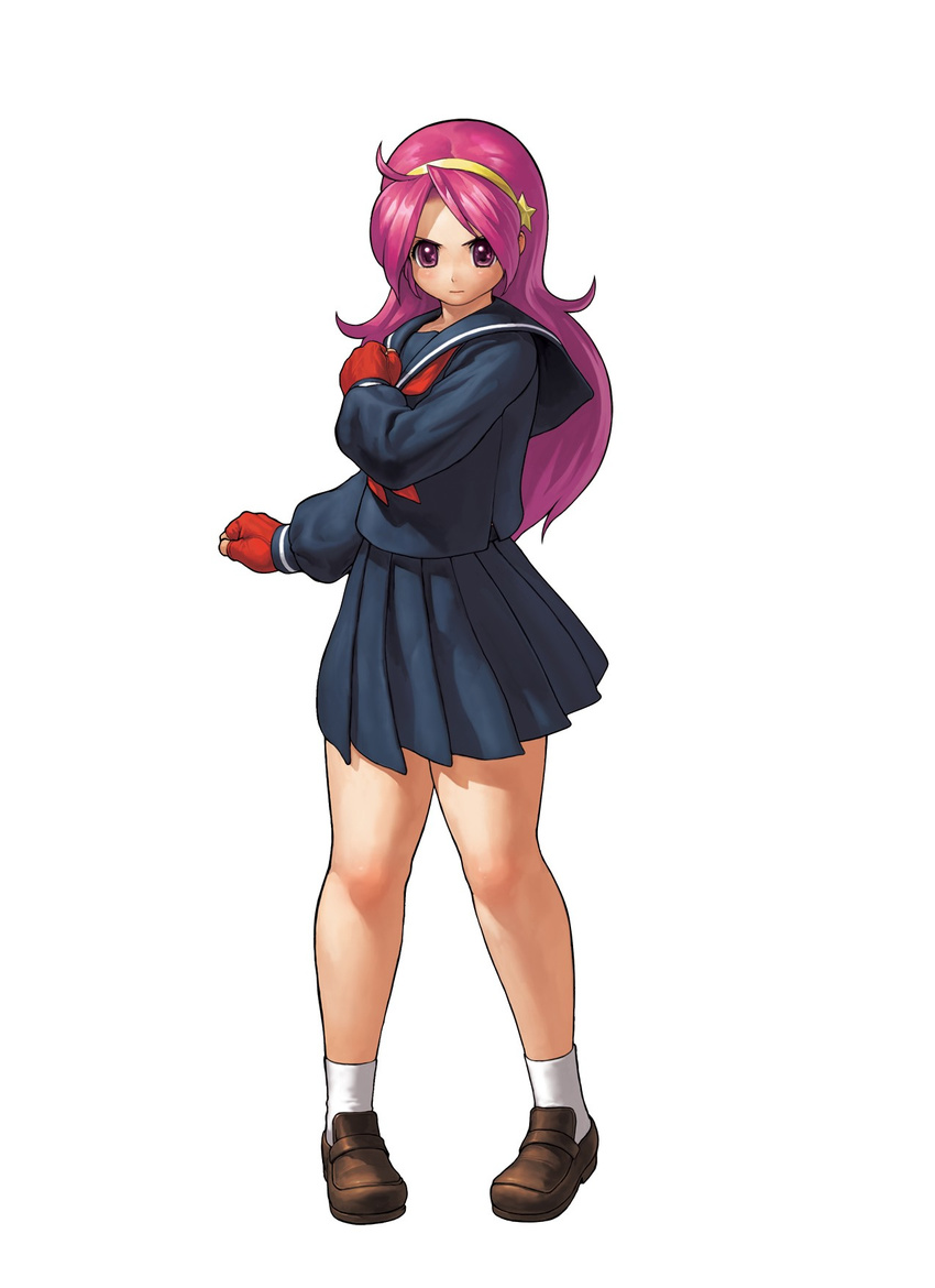 asamiya_athena black_serafuku curvy fingerless_gloves gloves highres mary_janes official_art ogura_eisuke pink_hair purple_eyes school_uniform serafuku shoes solo the_king_of_fighters the_king_of_fighters_xii