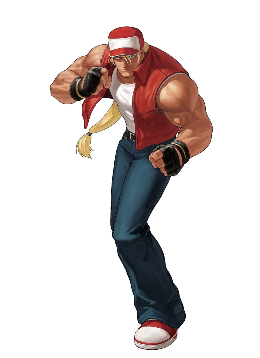 baseball_cap blonde_hair blue_eyes converse denim fatal_fury fingerless_gloves gloves hat highres jeans long_hair male_focus muscle official_art ogura_eisuke pants ponytail shoes sleeveless sneakers solo tank_top terry_bogard the_king_of_fighters the_king_of_fighters_xii vest