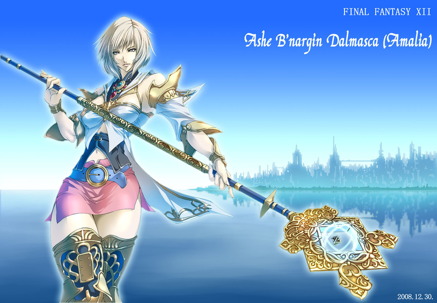 armor ashelia_b'nargin_dalmasca belt blonde_hair ferio final_fantasy final_fantasy_xii miniskirt short_hair skirt solo staff thighhighs