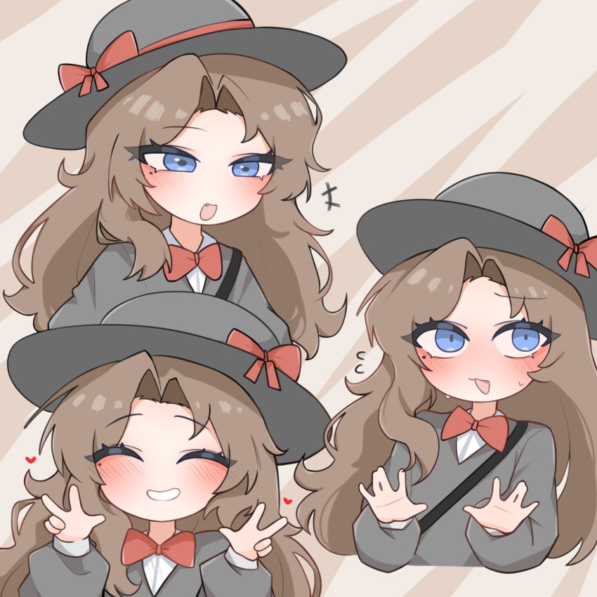 1girl blue_eyes bow bowtie brown_hair closed_eyes ehdgur9 fang hat heart highres kindergarten_uniform limbus_company limbus_kindergarten_uniform long_hair looking_to_the_side mole mole_under_eye official_alternate_costume open_mouth project_moon red_bow rodion_(project_moon) school_hat solo traditional_bowtie