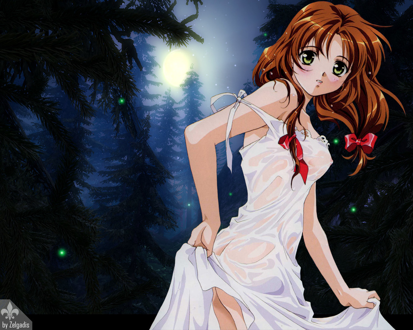 breasts brown_hair covered_nipples dress large_breasts mew_(words_worth) ribbon rin-sin see-through solo wallpaper wet white_dress words_worth
