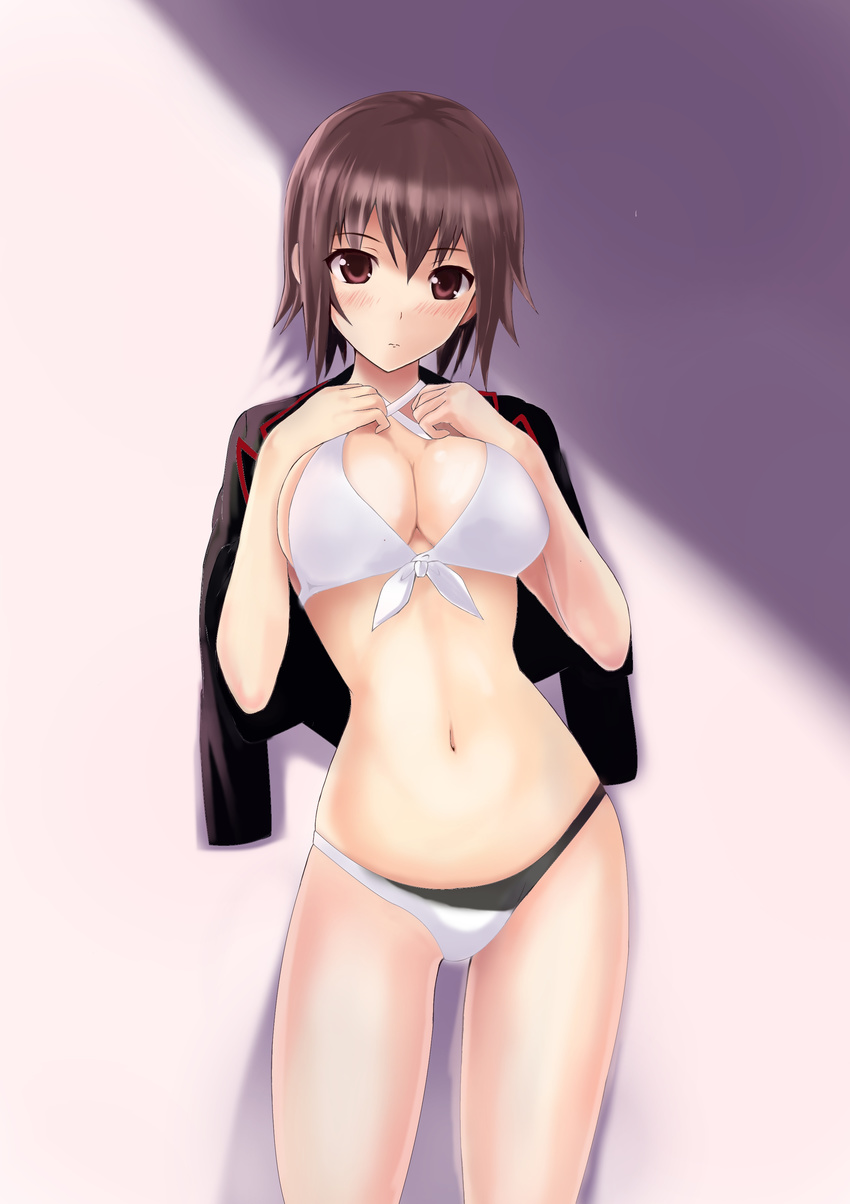 absurdres bikini blush breasts brown_eyes brown_hair cleavage criss-cross_halter front-tie_top girls_und_panzer halterneck highres jacket looking_at_viewer medium_breasts nakonako navel nishizumi_maho short_hair solo swimsuit swimsuit_under_clothes