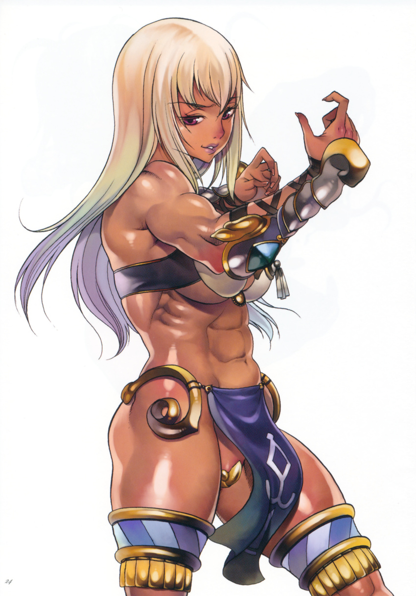 abs absurdres anarista bangs bracer breasts dark_skin f.s. highres jewelry large_breasts lips long_hair looking_down muscle muscular_female official_art purple_eyes queen's_blade red_nose scan solo white_hair