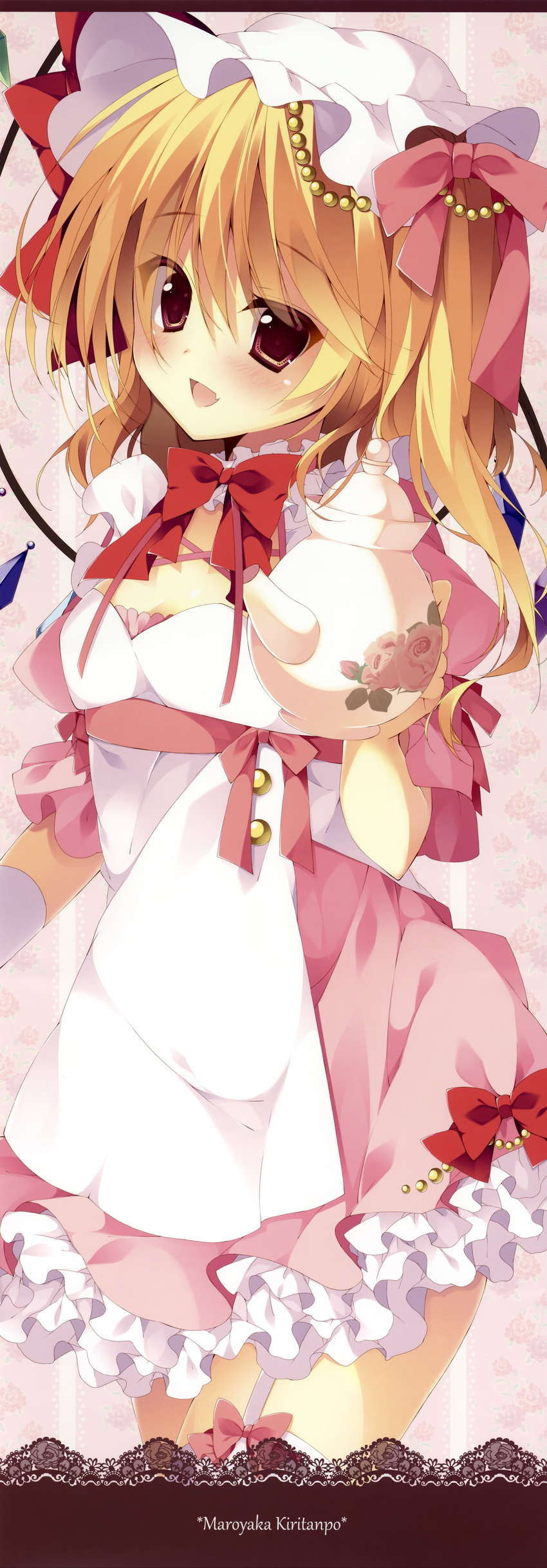 absurdres adapted_costume blonde_hair bow breasts cleavage dress fangs flandre_scarlet flower frills garter_straps happy hat highres kisaragi_kiriha long_hair long_image open_mouth red_eyes ribbon rose side_ponytail small_breasts smile solo tall_image teapot thighhighs touhou white_legwear wings
