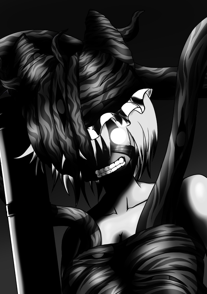 black_background breasts cleavage clenched_teeth collarbone comic greyscale hat highres mob_cap monochrome niiko_(gonnzou) short_hair simple_background small_breasts teeth touhou upper_body yakumo_ran