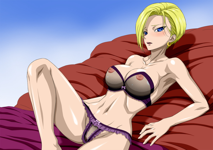 1girl android_18 areolae armpits bare_shoulders bed blonde_hair blue_eyes blush bob_cut bra breasts dragon_ball dragonball_z earrings embarrassed highres jewelry large_breasts legs lingerie looking_at_viewer lying milf mound_of_venus navel nel-zel_formula nipples open_mouth panties pillow see-through shiny shiny_skin short_hair simple_background solo strapless strapless_bra thighs underwear