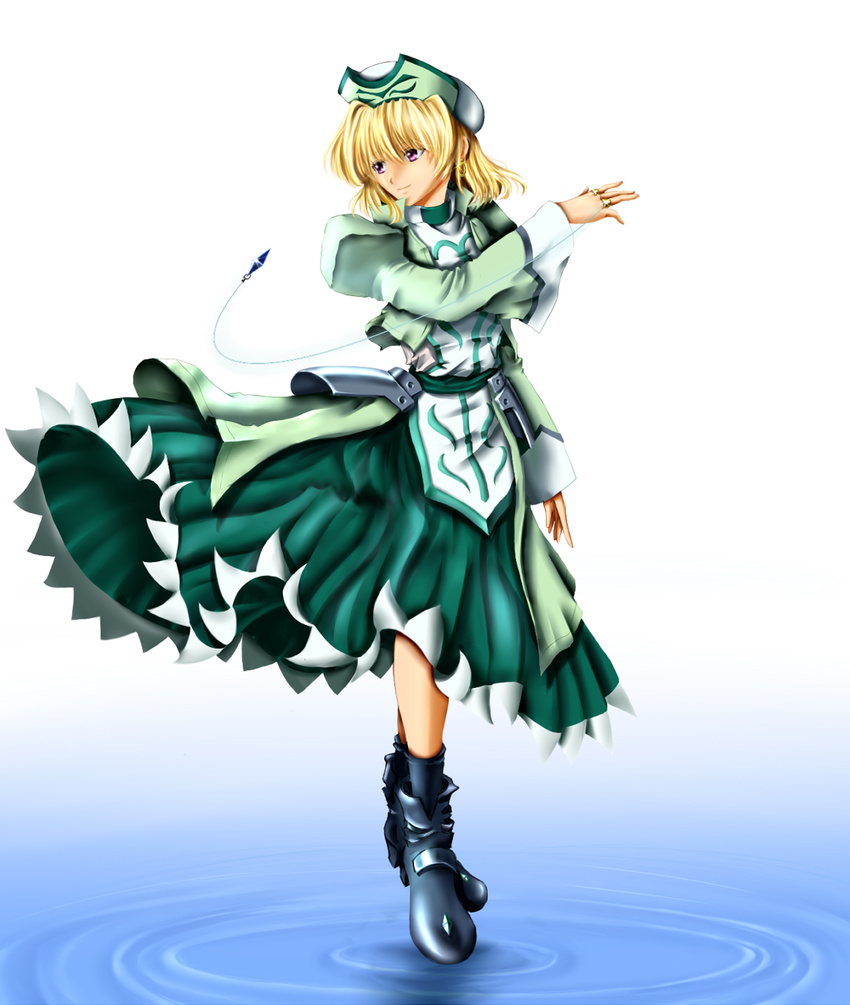 aimo_(fujiikau) blonde_hair boots crystal dress earrings hat highres hoop_earrings jewelry klarwind lyrical_nanoha mahou_shoujo_lyrical_nanoha mahou_shoujo_lyrical_nanoha_a's pleated_dress purple_eyes ring shamal short_hair smile solo standing standing_on_liquid vest water