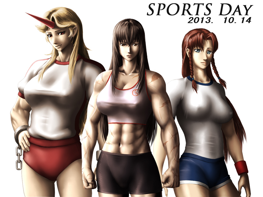 abs alternate_costume bike_shorts black_hair blonde_hair blue_eyes braid breasts brown_eyes buruma chain cleavage clenched_hands covered_nipples cuffs gym_uniform hand_on_hip hong_meiling horn hoshiguma_yuugi impossible_clothes large_breasts lips long_hair m.u.g.e.n midriff multiple_girls muscle muscular_female navel no_bra original pointy_ears red_eyes red_hair scar sendai_hakurei_no_miko shackles shirt shorts sidelocks smile sports_bra t-shirt taikyokuturugi taut_clothes touhou twin_braids white_background wristband