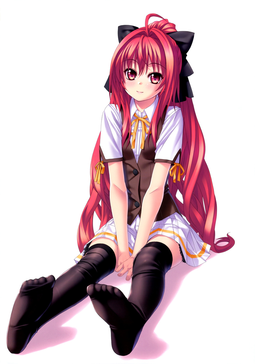 absurdres ahoge between_legs blush corticarte_apa_lagranges feet hair_intakes hand_between_legs highres kannatsuki_noboru long_hair no_shoes ponytail red_eyes red_hair ribbon school_uniform shinkyoku_soukai_polyphonica sitting smile thighhighs wide_ponytail