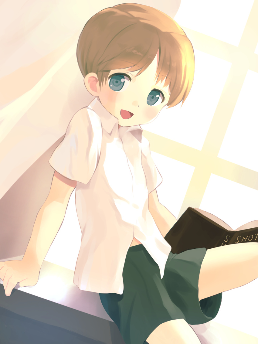 bad_id bad_pixiv_id book brown_hair dutch_angle highres looking_at_viewer male_focus open_mouth original shorts sitting solo window yuki_(vicious)