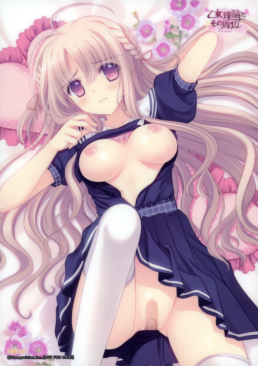 absurdres bandaid bandaid_on_pussy bra bra_lift breasts character_request dress frilled_pillow frills groin head_tilt heart heart_pillow highres knee_up leg_up long_hair looking_at_viewer lying medium_breasts meryl_lynch nipples nishimata_aoi no_panties on_back open_clothes open_shirt otome_riron_to_sono_shuuhen:_ecole_de_paris pillow pink_bra pleated_dress shirt thighhighs underwear very_long_hair white_legwear