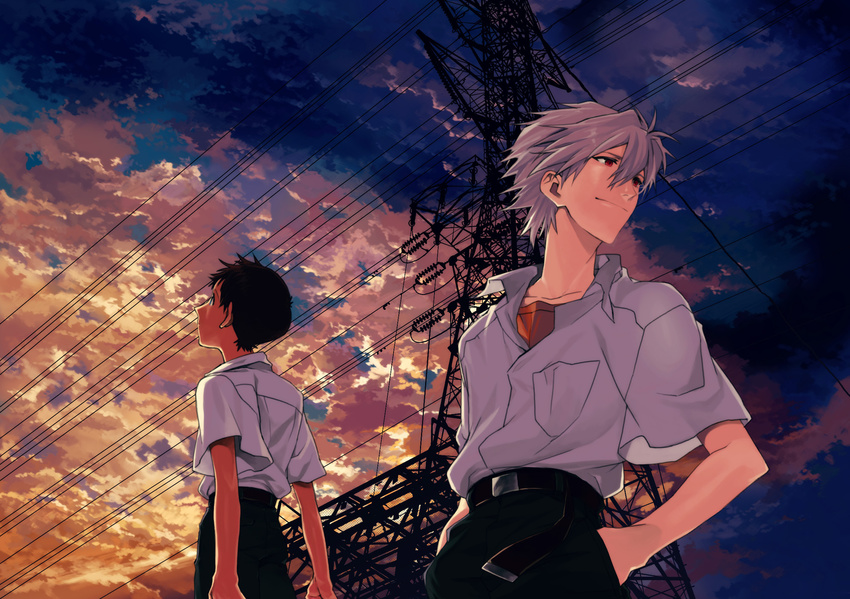 bad_id bad_pixiv_id brown_hair cloud dusk grey_hair hands_in_pockets highres hosaka_dx ikari_shinji male_focus multiple_boys nagisa_kaworu neon_genesis_evangelion power_lines red_eyes sunset transmission_tower