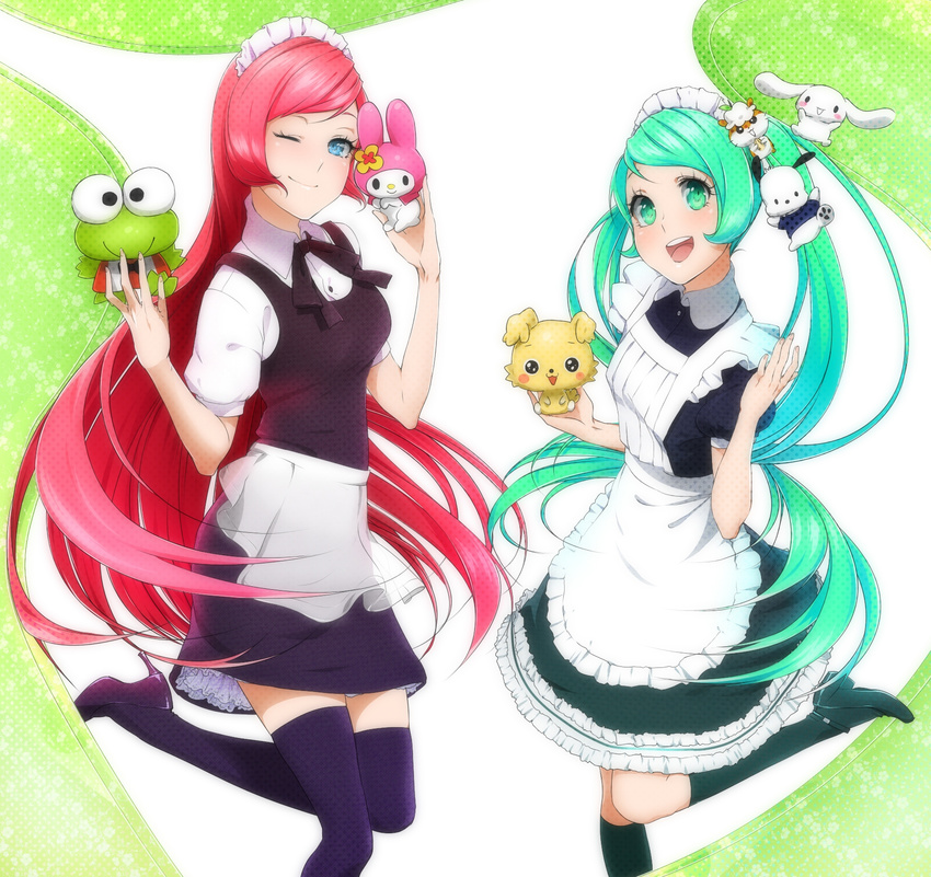 aconitea aqua_eyes aqua_hair bad_id bad_pixiv_id blue_eyes chibimaru cinnamoroll coro_coro_kuririn hasunoue_keroppi hatsune_miku highres kero_kero_keroppi long_hair maid maid_headdress megurine_luka multiple_girls my_melody one_eye_closed onegai_my_melody open_mouth pink_hair pochacco sanrio smile standing standing_on_one_leg thighhighs twintails very_long_hair vocaloid zettai_ryouiki