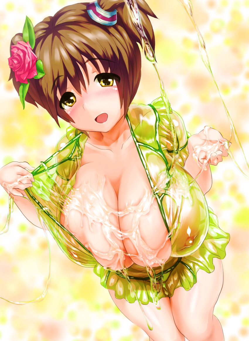 1girl 2t_(tanakatakuto) absurdres breasts brown_hair cleavage covered_nipples erect_nipples female flower hair_ornament highres huge_breasts lube nipples original see-through sexually_suggestive short_hair short_twintails solo twintails yellow_eyes