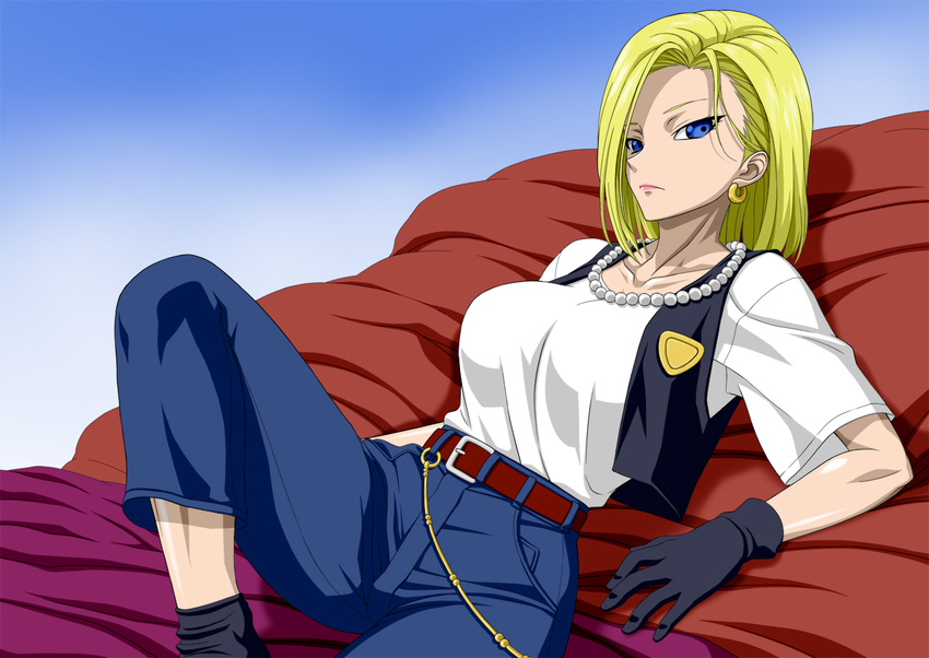 1girl android_18 badge bed belt blonde_hair blue_eyes bob_cut breasts denim dragon_ball dragonball_z earrings gloves highres jacket jeans jewelry large_breasts legs looking_at_viewer lying necklace nel-zel_formula pants pearl_necklace pillow serious short_hair simple_background socks solo thighs