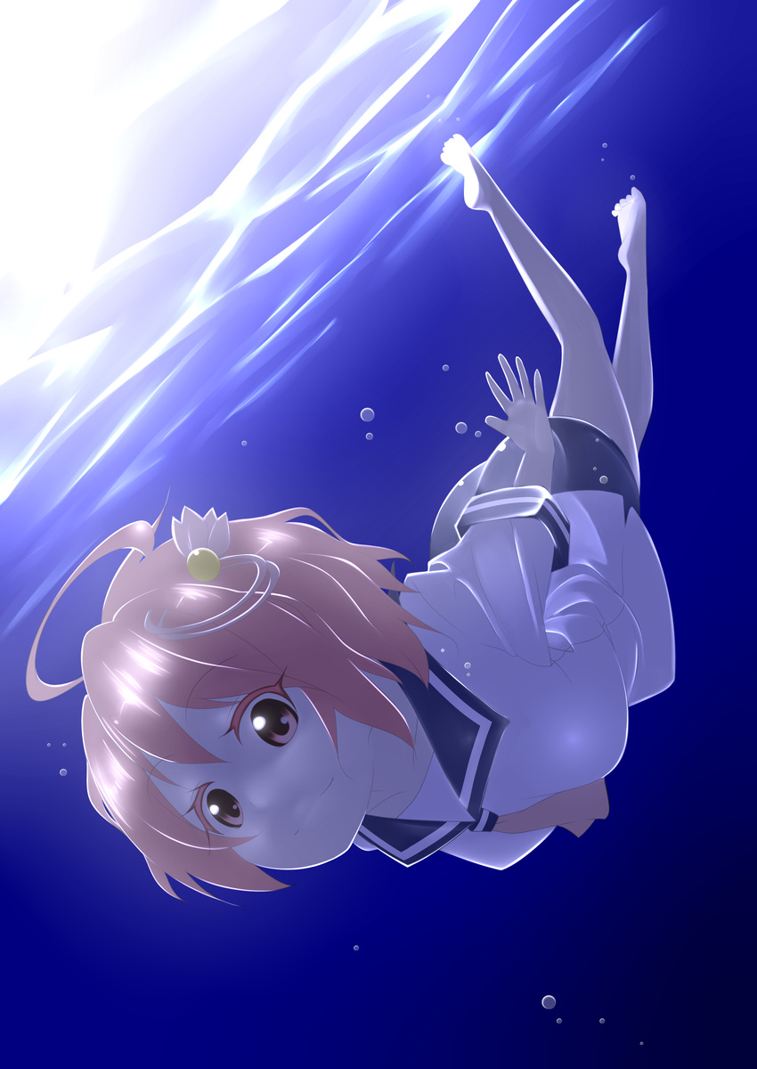 absurdres bare_legs barefoot bubble diving freediving highres i-58_(kantai_collection) kantai_collection one-piece_swimsuit pink_hair req school_swimsuit school_uniform serafuku short_hair smile solo swimming swimsuit swimsuit_under_clothes underwater water