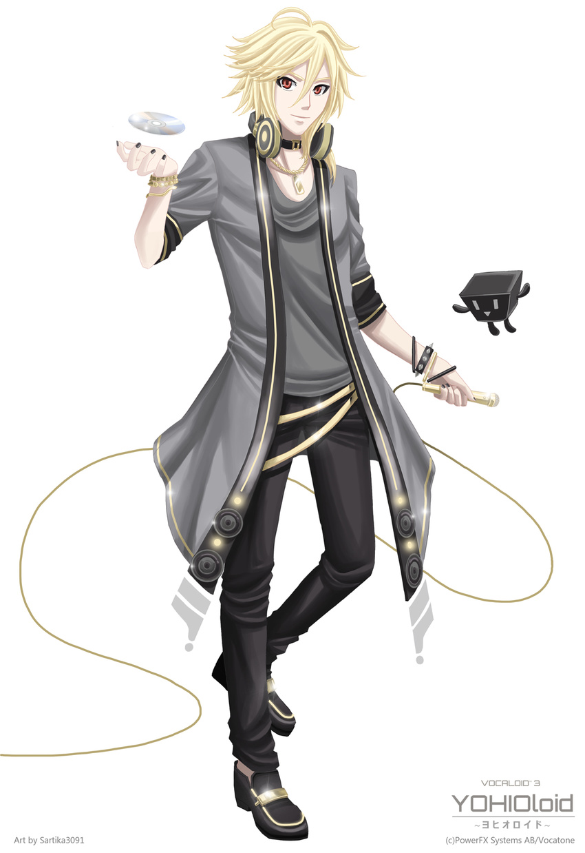 1boy blonde_hair cd cubi headphones jewelry microphone nail_polish red_eyes tagme vocaloid yohioloid