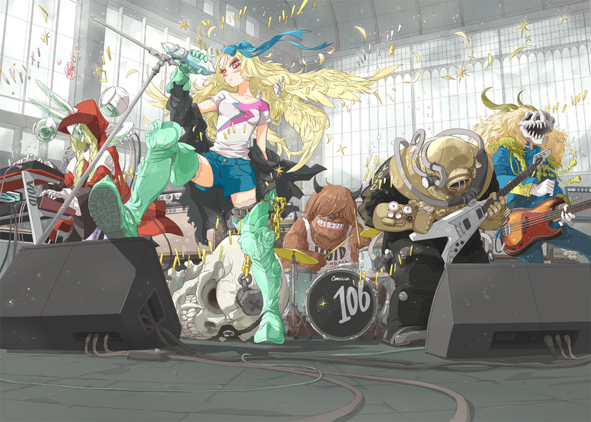 amplifier animal_ears arakawa_(aintnoroom) blonde_hair boots braid bunny_ears cable chain crystal diving_suit drum eyepatch gloves guitar horns instrument keyboard_(instrument) mask microphone music original playing_instrument red_eyes shirt shorts skull t-shirt twin_braids