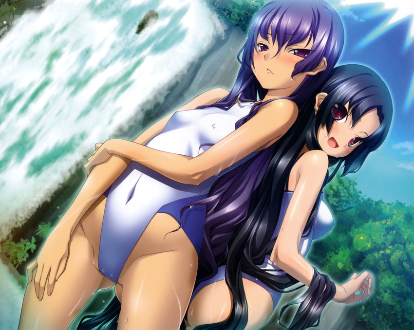 2girls absurdres black_hair highres hikage_eiji kannei koihime_musou long_hair multiple_girls purple_hair shuutai swimsuit