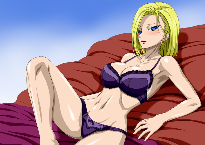 1girl abs android_18 armpits bare_shoulders blonde_hair blue_eyes blush bob_cut bra breasts cleavage dragon_ball dragonball_z earrings embarrassed highres hips jewelry large_breasts legs looking_at_viewer lying navel nel-zel_formula open_mouth panties purple_bra purple_panties shiny shiny_skin short_hair simple_background solo thighs underwear