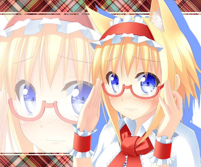 adjusting_eyewear alice_margatroid animal_ears anni_minto bespectacled blonde_hair blue_eyes blush cat_ears glasses hairband looking_at_viewer red-framed_eyewear semi-rimless_eyewear solo touhou under-rim_eyewear wrist_cuffs zoom_layer