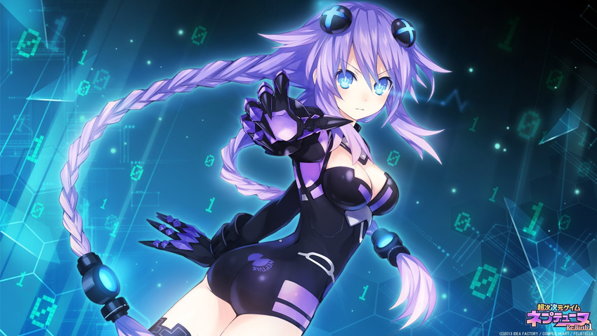 2013 :| armor ass bangs binary blue_eyes blush braid breasts choujigen_game_neptune claws cleavage cleavage_cutout closed_mouth clothes_writing company_name copyright_name cowboy_shot cross dated dutch_angle emblem english flipped_hair floating_hair foreshortening from_side game_cg gauntlets glowing hair_between_eyes hair_ornament hexagon highres honeycomb_(pattern) honeycomb_background leotard light_particles light_trail logo long_hair long_sleeves looking_at_viewer looking_back magical_girl medium_breasts neon_trim neptune_(series) number official_art outline outstretched_arm power_symbol purple_hair purple_heart serious sidelocks solo symbol-shaped_pupils thighhighs tsunako turtleneck twin_braids twisted_torso v-shaped_eyebrows very_long_hair wallpaper widescreen