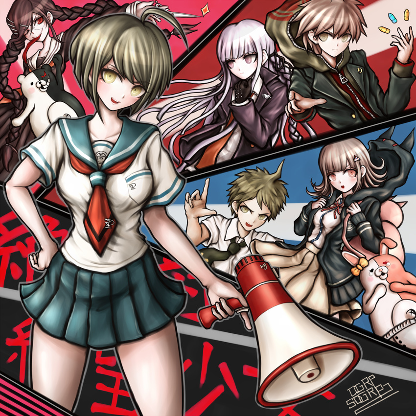 4girls ahoge backpack bag blush braid brown_hair coat collarbone danganronpa danganronpa_1 fukawa_touko genocider_shou glasses gloves green_eyes highres hinata_hajime hood kirigiri_kyouko komatsuzaki_rui_(style) long_hair megaphone monokuma monomi_(danganronpa) multiple_boys multiple_girls naegi_komaru naegi_makoto nanami_chiaki necktie official_style one_eye_closed open_mouth oyume pink_eyes pink_hair red_eyes sailor short_hair short_sleeves side_braid skirt super_danganronpa_2 sweatshirt tongue twin_braids twintails very_long_hair zettai_zetsubou_shoujo