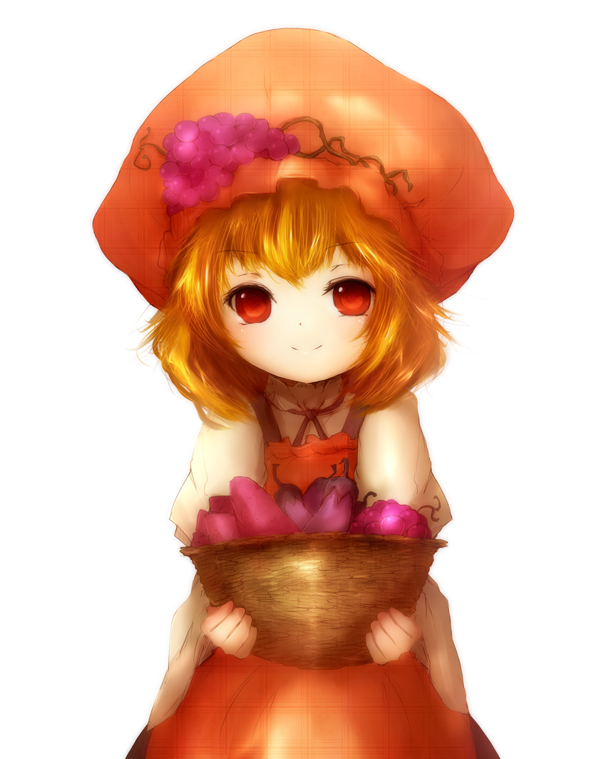 absurdres aki_minoriko amanojaku apron bad_id bad_pixiv_id basket blonde_hair dress eggplant food fruit grapes hat highres looking_at_viewer red_eyes short_hair smile solo sweet_potato touhou transparent_background