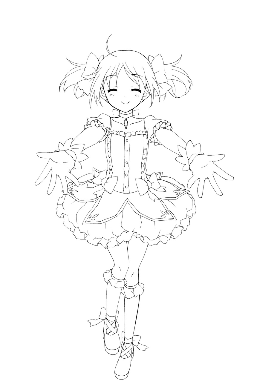 absurdres bubble_skirt closed_eyes facing_viewer flat_chest gloves greyscale highres kaname_madoka lineart magical_girl mahou_shoujo_madoka_magica monochrome short_hair skirt smile solo touon transparent_background