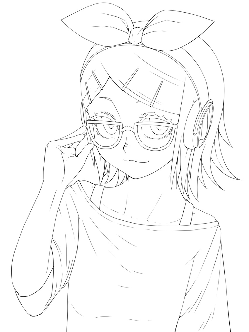 bare_shoulders bespectacled glasses greyscale hair_ornament hair_ribbon hairclip headphones highres jaco kagamine_rin lineart looking_at_viewer monochrome ribbon short_hair smile solo vocaloid