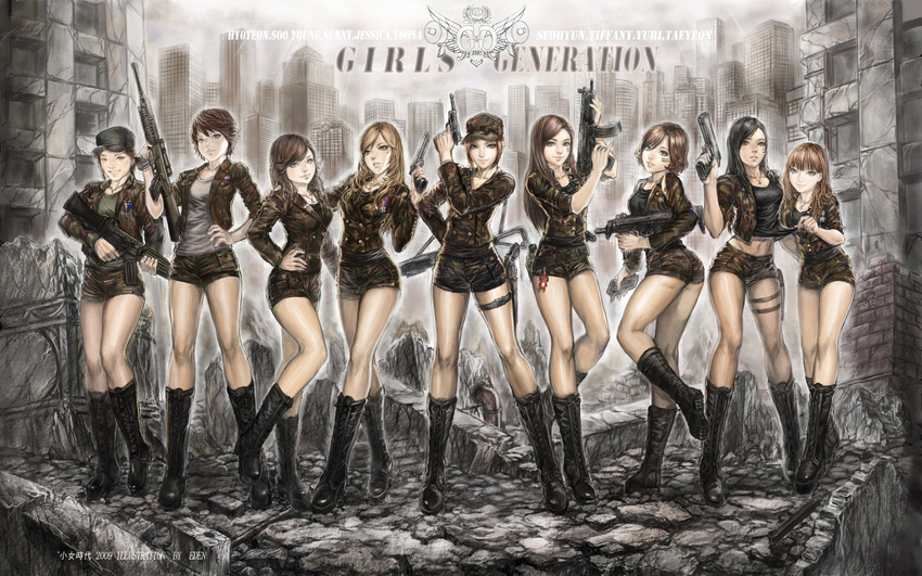 2009 6+girls 9girls apocalypse artist_name assault_rifle black_hair blonde_hair boots brown_hair camouflage character_name copyright_name crossover dated eden_hunter female girls'_generation girls'_generation giroro gun handgun hat hats highres hyoyeon_(girls'_generation) hyoyeon_(girls'_generation) jessica_(girls'_generation) jessica_(girls'_generation) jewelry k-pop keroro_gunsou keychain knee_boots leather_boots legs lineup long_hair looking_at_viewer midriff military multiple_girls necklace pinky_out pistol pose rifle rubble seohyun_(girls'_generation) seohyun_(girls'_generation) short_hair shorts sooyoung_(girls'_generation) sooyoung_(girls'_generation) submachinegun sunny_(girls'_generation) sunny_(girls'_generation) taeyeon_(girls'_generation) taeyeon_(girls'_generation) thigh_strap tiffany_(girls'_generation) tiffany_(girls'_generation) uniform weapon yoona_(girls'_generation) yoona_(girls'_generation) yuri_(girls'_generation) yuri_(girls'_generation)