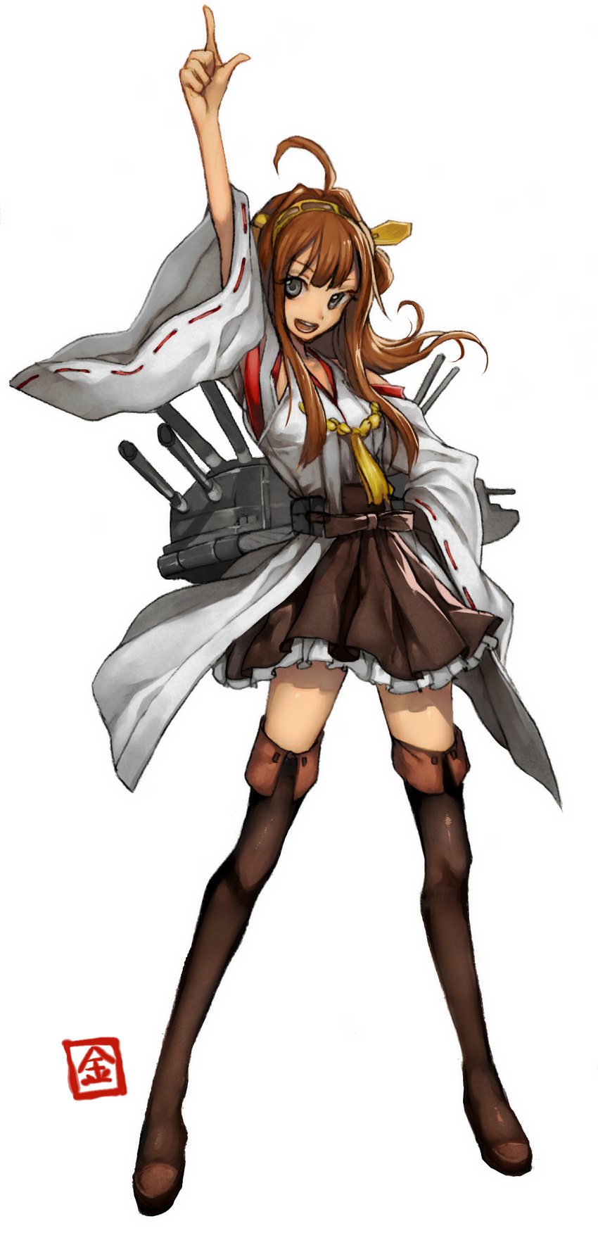 bare_shoulders black_legwear boots brown_hair cannon detached_sleeves double_bun hair_ornament hairband headgear highres japanese_clothes kantai_collection kongou_(kantai_collection) long_hair nontraditional_miko skirt smile solo thigh_boots thighhighs turret wadani_hitonori