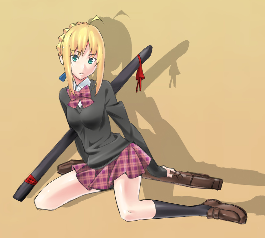 ahoge artoria_pendragon_(all) blonde_hair bow fate/stay_night fate_(series) green_eyes kurai_nao plaid plaid_skirt saber school_uniform sheath skirt solo unmoving_pattern