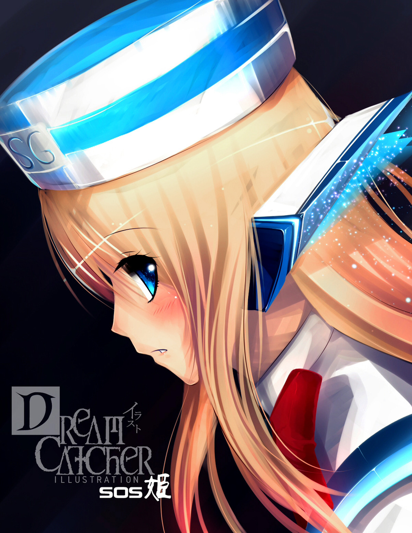 black_background blonde_hair blue_eyes blush dreamcatcher hat highres long_hair original profile simple_background solo sos_ji