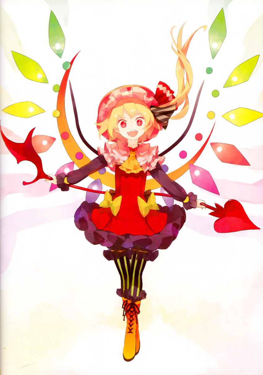 absurdres alternate_costume ascot blonde_hair boots bow crescent crystal fangs flandre_scarlet frills full_body hair_ribbon happy hat hat_ribbon highres laevatein long_sleeves looking_at_viewer open_mouth ponytail red_eyes red_skirt ribbon scan shihou_(g-o-s) short_hair side_ponytail skirt smile solo striped striped_legwear thighhighs touhou vertical-striped_legwear vertical_stripes weapon wings