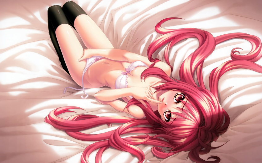 1girl absurdres ass bare_shoulders bed black_leggings black_legwear black_thighhighs blush bra breasts chest cleavage corticarte_apa_lagranges crotch_grab highres horny kannatsuki_noboru leggings lingerie long_hair lying navel on_back on_bed open_mouth panties pink_bra pink_panties red_eyes red_hair sexually_suggestive shinkyoku_soukai_polyphonica side-tie_panties small_breasts solo string_panties thighhighs underwear white_bra white_panties