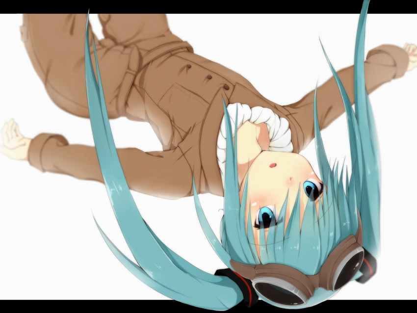 blush flat_chest goggles goggles_on_head hatsune_miku letterboxed long_hair looking_at_viewer outside_border ratsuku_kinoko simple_background solo twintails upside-down vocaloid white_background