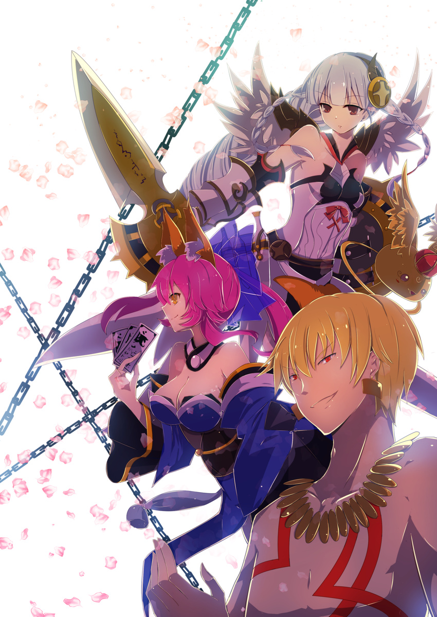 2girls absurdres animal_ears armor bare_shoulders blonde_hair bow breasts chain cleavage crossover detached_sleeves enkidu_(weapon) fate/extra fate/extra_ccc fate_(series) fox_ears fox_tail gilgamesh hair_bow hair_ornament highres kommode large_breasts light_valkyrie_(p&amp;d) long_hair multiple_girls pink_hair puzzle_&amp;_dragons red_eyes silver_hair sword tail tamamo_(fate)_(all) tamamo_no_mae_(fate) tattoo twintails valkyrie valkyrie_(p&amp;d) very_long_hair weapon wings yellow_eyes