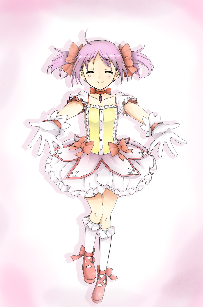 absurdres bubble_skirt closed_eyes colorized facing_viewer flat_chest gloves highres kaname_madoka magical_girl mahou_shoujo_madoka_magica pink_hair short_hair skirt smile solo touon wars-ma