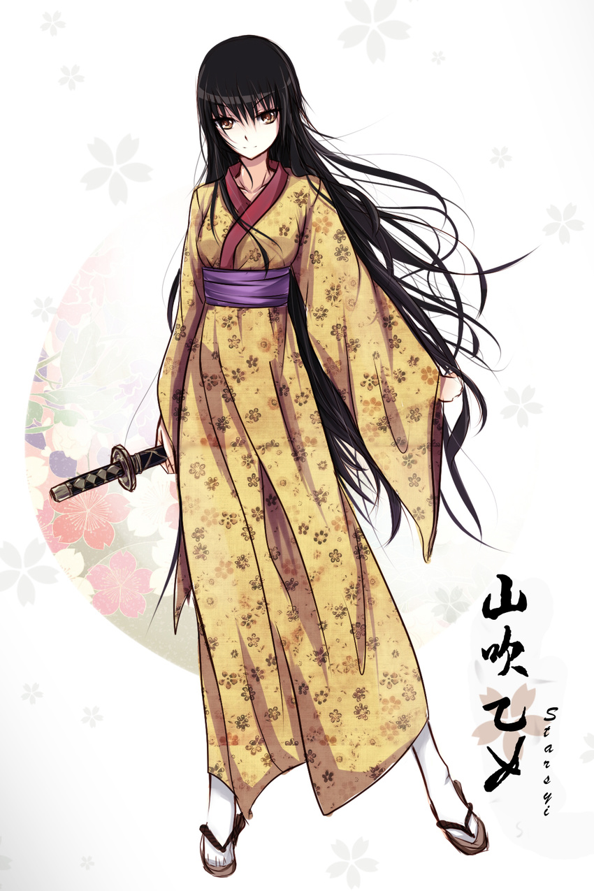 artist_name black_hair brown_eyes character_name floral_print full_body highres holding japanese_clothes kimono long_hair looking_at_viewer nurarihyon_no_mago obi sash sheath sheathed solo starsyi sword very_long_hair weapon white_legwear wide_sleeves yamabuki_otome