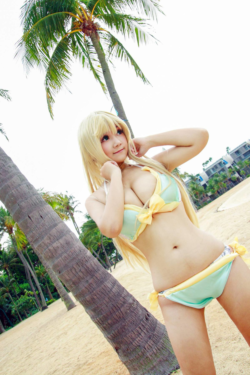 1girl beach boku_wa_tomodachi_ga_sukunai breasts cleavage cosplay highres kashiwazaki_sena large_breasts photo solo swimsuit