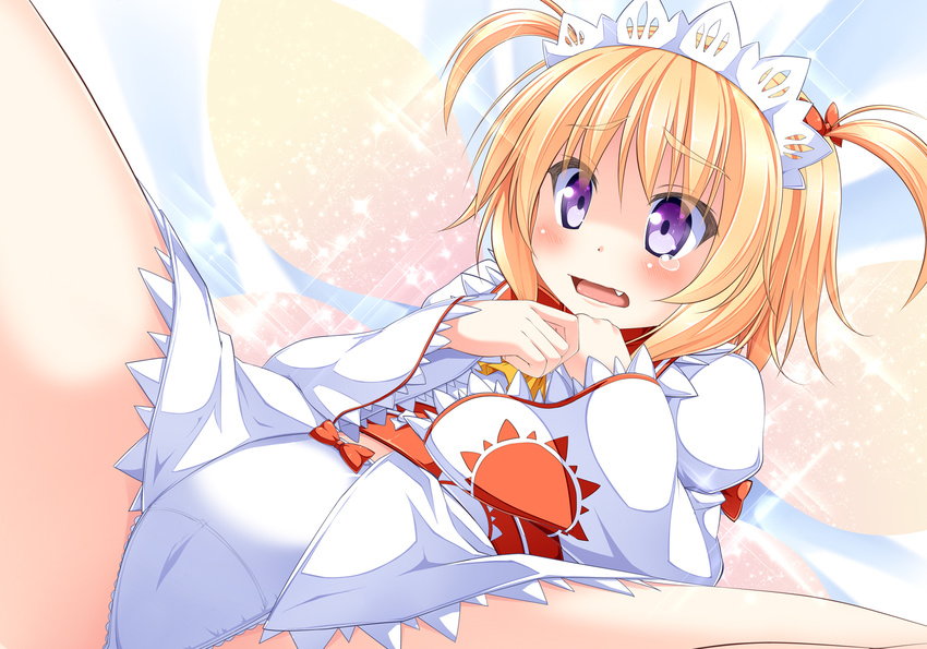 anni_minto blonde_hair blush bow fang hat headdress long_sleeves open_mouth panties purple_eyes short_hair short_twintails solo spread_legs sunny_milk tears touhou twintails underwear white_panties wings