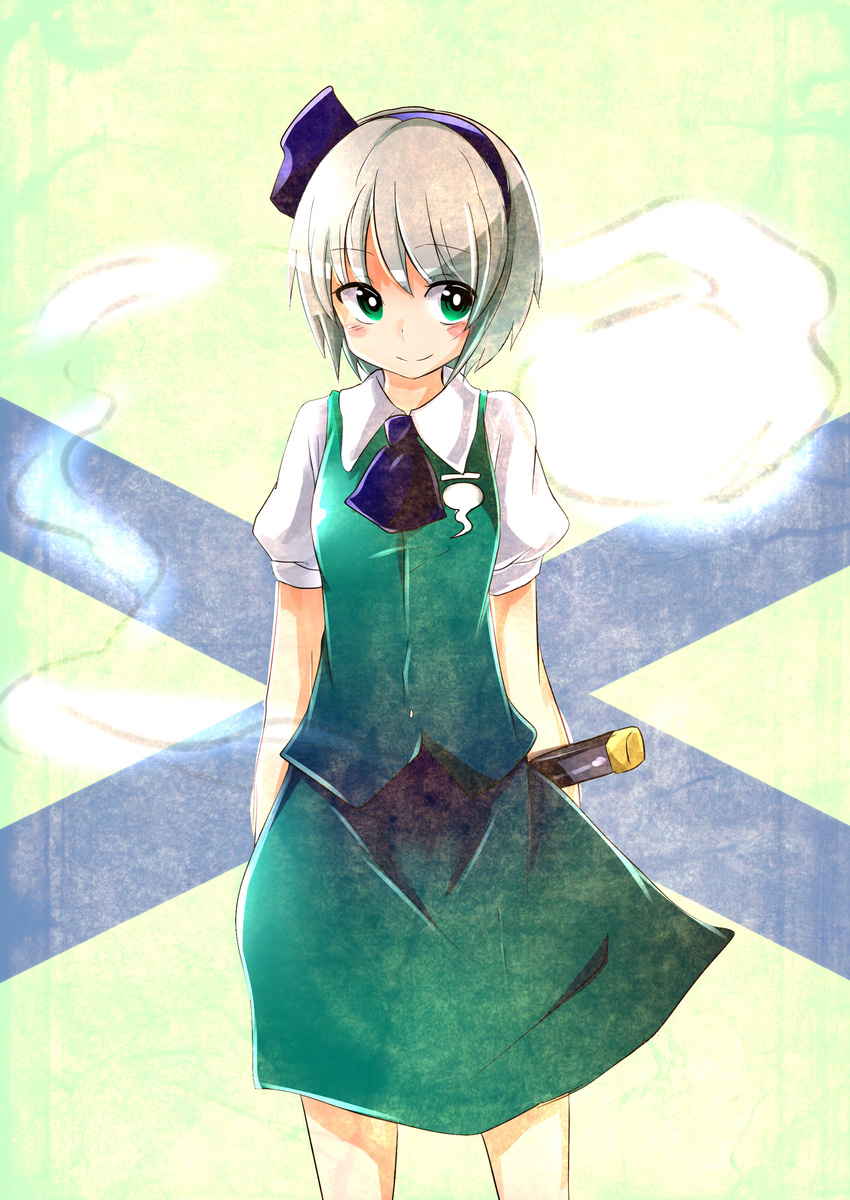 absurdres baba_(baba_seimaijo) bad_id bad_pixiv_id blush green_eyes hair_ribbon highres hitodama katana konpaku_youmu konpaku_youmu_(ghost) ribbon short_hair silver_hair solo sword touhou weapon