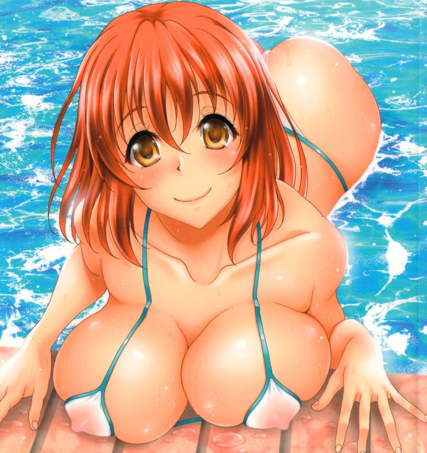blush breasts highres kusui_aruta large_breasts looking_at_viewer orange_hair short_hair smile solo swimsuit water yellow_eyes