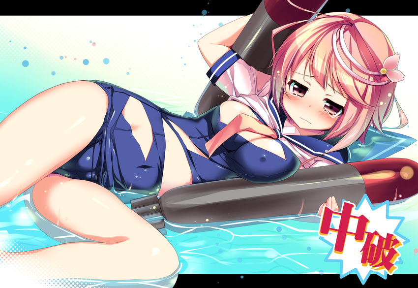blush hair_ornament highres i-58_(kantai_collection) kantai_collection nagayama_yuunon one-piece_swimsuit ponytail red_hair school_swimsuit school_uniform serafuku short_hair smile swimsuit swimsuit_under_clothes torn_clothes translated